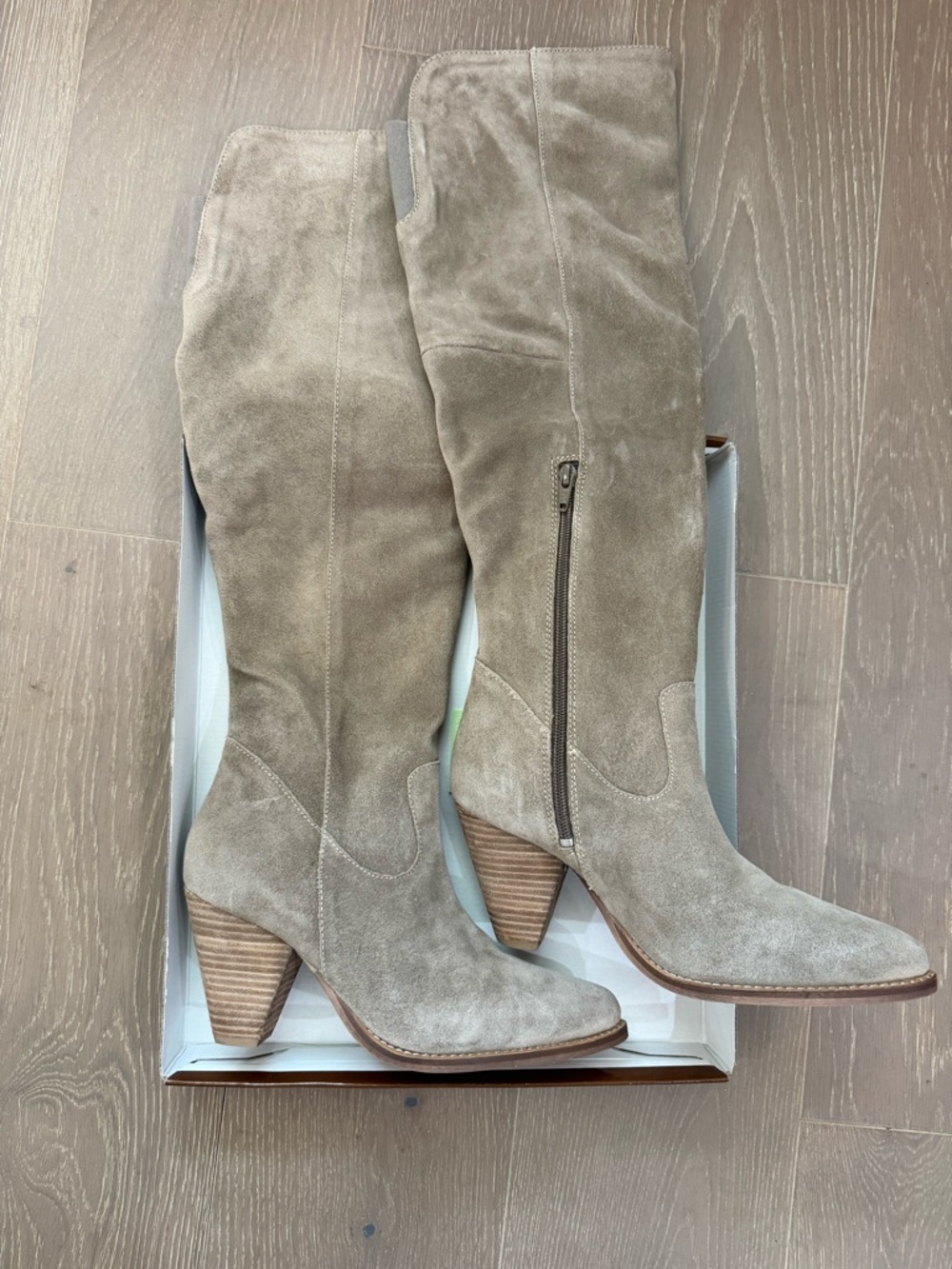 Women's Knee-High Suede Heeled Boots in Taupe